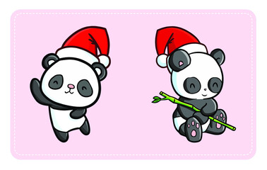 Funny and cute dancing panda wearing Santa's hat for Christmas and smiling - vector.