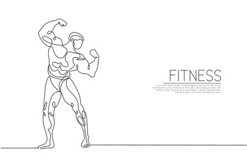 One continuous line drawing young strong model man bodybuilder posed. Fitness center gym logo concept. Dynamic single line draw design graphic vector illustration for bodybuilding competition contest
