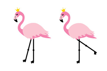 Set, collection of cute cartoon style pink tropical flamingos in crowns. Vector icons, illustration.
