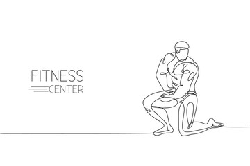 Fototapeta na wymiar One single line drawing of young energetic model man bodybuilder posed vector illustration. Healthy workout concept. Modern continuous line draw design for bodybuilding fitness center club logo icon