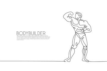 One continuous line drawing young strong model man bodybuilder pose confidently. Fitness center gym logo concept. Dynamic single line draw design graphic vector illustration for bodybuilding contest