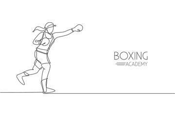 One single line drawing of young energetic woman boxer practice her jab punch vector illustration. Sport combative training concept. Modern continuous line draw design for boxing championship banner