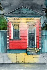 Watercolor illustration of a small red clapboard house lit by lighted lanterns under the starry sky