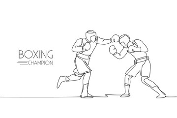 One continuous line drawing of two young sporty men boxer show exciting fight. Competitive combat sport concept. Dynamic single line draw design vector illustration for boxing match promotion poster