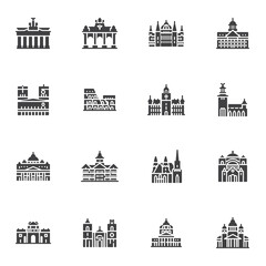 European cities landmarks vector icons set, modern solid symbol collection, filled style pictogram pack. Signs, logo illustration. Set includes icons as world famous buildings, castles and towers