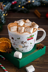 Christmas hot drink with marshmallows and spices on a background of snowy fir branches. Festive vintage background. 