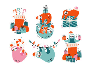 Set cute lazy sloths in Santa Claus hat with lots of gifts, candies and festive elements. Merry Christmas and Happy New year card or banner. Cartoon character bears. Illustration in Scandinavian style
