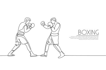 One single line drawing two young energetic men boxer fighting at event vector illustration graphic. Sport combative training concept. Modern continuous line draw design for boxing championship banner