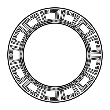 Ancient greek key round frame, geometric maze ornament, greece meander, pattern brush, black vector illustration, egyptian, assian motifs