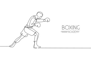 Fototapeta premium Single continuous line drawing of young agile man boxer upgrade his fight attack skill. Fair combative sport concept. Trendy one line draw design vector illustration for boxing game promotion media