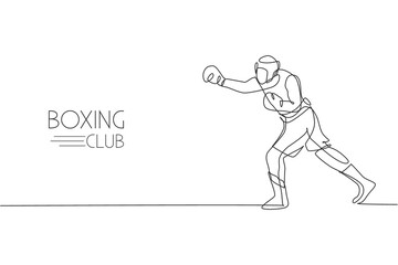 Fototapeta na wymiar One single line drawing of young energetic man boxer improve his attack punch vector illustration. Sport combative training concept. Modern continuous line draw design for boxing championship banner