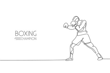 Fototapeta na wymiar One single line drawing of young energetic man boxer practicing at sport gym vector illustration. Sport combative training concept. Modern continuous line draw design for boxing championship banner