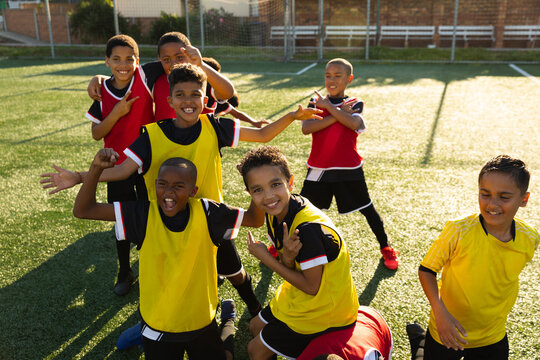 Soccer team happy after winning the match
