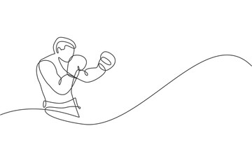 One continuous line drawing of young sporty man boxer train his defense stance. Competitive combat sport concept. Dynamic single line draw design vector illustration for boxing match promotion poster