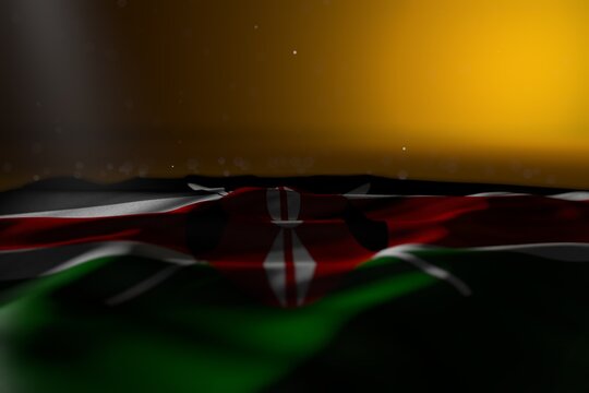 cute holiday flag 3d illustration. - dark image of Kenya flag lying on yellow background with selective focus and free space for text