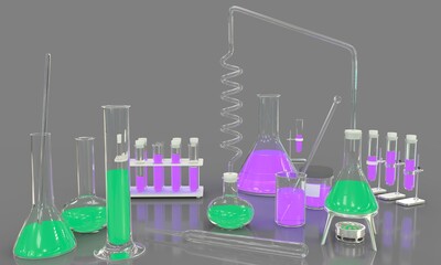 laboratory test-tubes and other science glassware with green and pink liquids on grey background - college concept, 3D illustration of objects