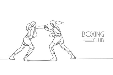 Single continuous line drawing of two young agile women boxer sparring in boxing ring. Fair combative sport concept. Trendy one line draw design vector illustration for boxing game promotion media