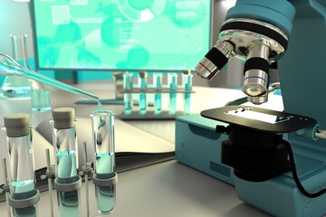 lab test-tubes in medical research clinic - potable water quality test for bacteria concept, medical 3D illustration