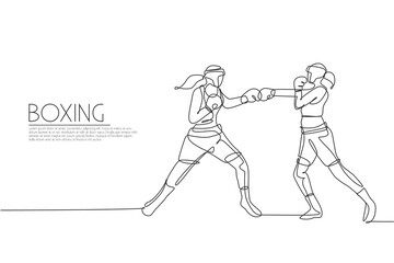 Fototapeta na wymiar One single line drawing of two young energetic women boxer bump their fists punch vector illustration. Sport combative training concept. Modern continuous line draw design for boxing champions banner