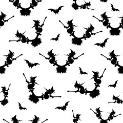 Witch on the broom - seamless pattern - vector, Halloween pattern black witch silhouette flying on broom