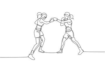 One continuous line drawing of young sporty woman boxer bump their fist punch. Competitive combat sport concept. Dynamic single line draw design vector illustration for boxing match promotion poster