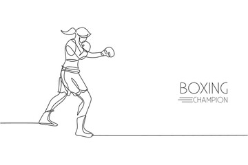 One single line drawing of young energetic woman boxer practicing punch at sport gym vector illustration. Sport combative training concept. Modern continuous line draw design for boxing event banner