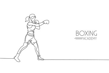 One single line drawing of young energetic woman boxer focus train her punch vector illustration. Sport combative training concept. Modern continuous line draw design for boxing championship banner