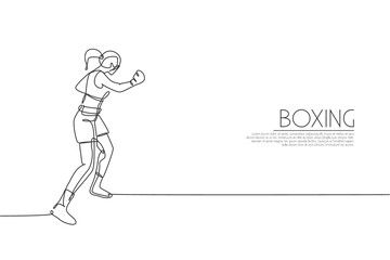 Single continuous line drawing of young agile woman boxer train her punch at sport gym. Fair combative sport concept. Trendy one line draw design vector illustration for boxing game promotion media