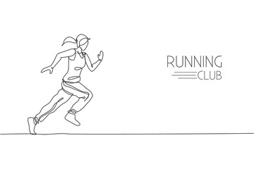 Fototapeta na wymiar Single continuous line drawing young agile woman runner run relax. Individual sport with competition concept. Trendy one line draw design graphic vector illustration for running tournament promotion