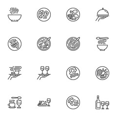 Restaurant food line icons set, food menu outline vector symbol collection, linear style pictogram pack. Signs logo illustration. Set includes icons as pizza, noodles, breakfast plate, tea, coffee cup
