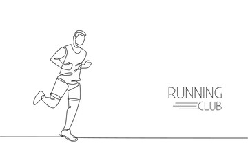 One continuous line drawing of young man athlete runner run relax. Individual sport, competitive concept. Dynamic single line draw design vector graphic illustration for running competition poster