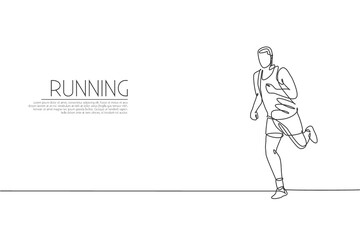 One single line drawing young energetic man runner focus run relax vector graphic illustration. Individual sports, training concept. Modern continuous line draw design for running competition banner