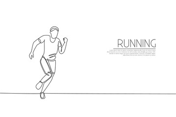 Single continuous line drawing of young agile man runner try to reach finish. Individual sport and competition concept. Trendy one line draw design vector illustration for running tournament promotion