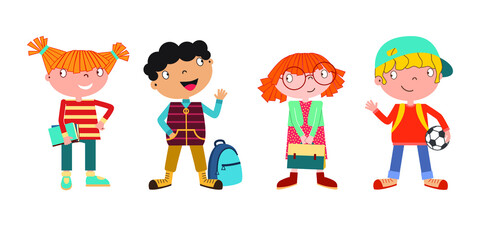 Cute cartoon school children characters in autumn clothes with books, backpack, ball. Happy kids, boys and girls, standing, smiling and waving. Happy childhood concept. Vector illustration.