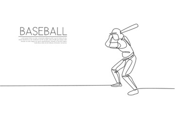 Single continuous line drawing young agile woman baseball player practice to hit the ball. Sport exercise concept. Trendy one line draw design graphic vector illustration for baseball promotion media