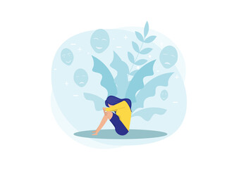 imposter syndrome, Girls trying on carnival masks with happy or sad expressions.