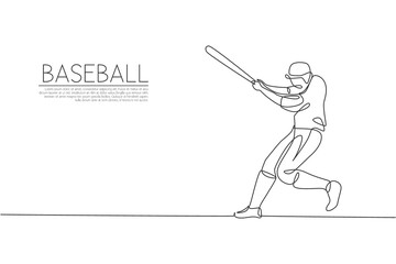 One continuous line drawing of young sporty man baseball player practice to hit the ball at stadium. Competitive sport concept. Dynamic single line draw design vector illustration for promotion poster