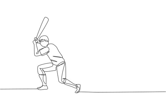 One continuous line drawing of young sporty man baseball player practice to hit the ball at court. Competitive sport concept. Dynamic single line draw design vector illustration for promotion poster