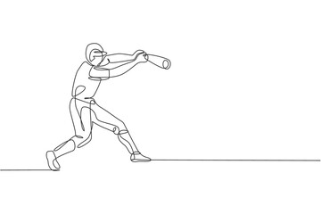 Fototapeta premium One single line drawing of young energetic man baseball player practice to hit the ball vector illustration. Sport training concept. Modern continuous line draw design for baseball tournament banner