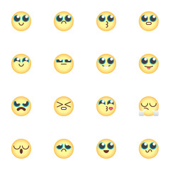 Yellow emoji collection, round smiley flat icons set, Colorful symbols pack contains - chat emoticons, happy face emoticon, angry, sad, cry, sleep. Vector illustration. Flat style design