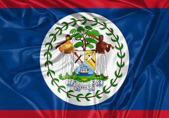 Belize flag waving in the wind. National flag on satin cloth surface texture. Background for international concept.
