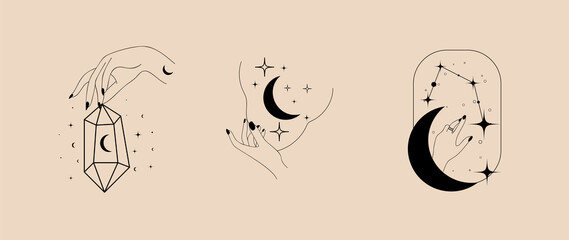 Hand gesture and moon simple linear template logo design. Magic astrological concepts tattoo, Fashion sticker, wall arts, magic book. Hand drawn vector illustration.