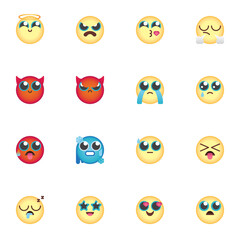 Cartoon emoji collection, chat emoticon flat icons set, Colorful symbols pack contains - smiley face, angry, sad, loudly cry, sleep, evil head with horns. Vector illustration. Flat style design