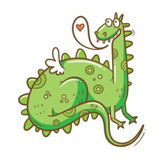 Vector card by Valentine's Day with cute cartoon  dragon in love. Joyful animal print. Funny holiday character.