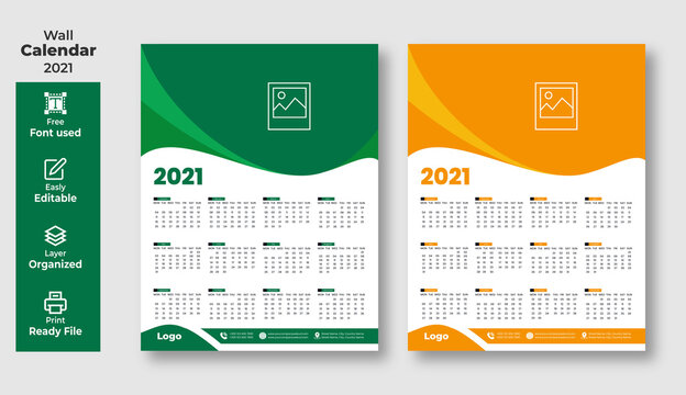 2021 Wall Calendar Template Design In Editable Illustrator Vector File
