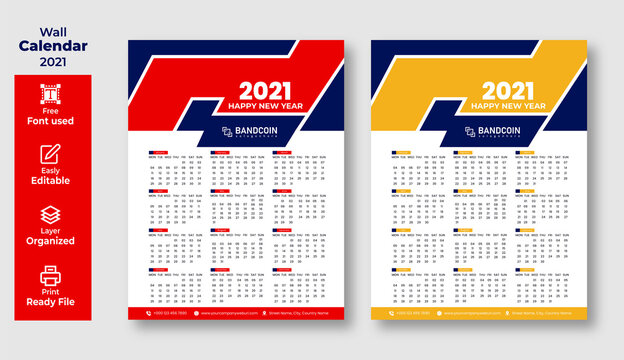 2021 Wall Calendar Template Design In Editable Illustrator Vector File