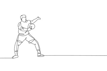 Single continuous line drawing of young agile man table tennis player hitting the ball. Sport exercise concept. Trendy one line draw design vector illustration for ping pong tournament promotion media