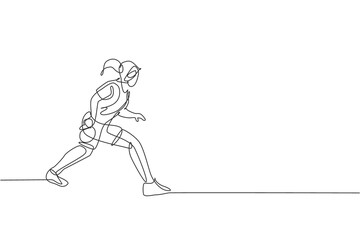 Single continuous line drawing of young agile woman table tennis player focus to practice. Sport exercise concept. Trendy one line draw design vector graphic illustration for ping pong promotion media