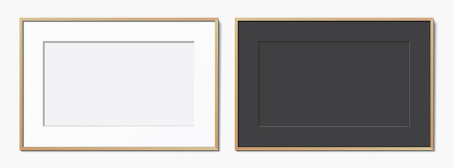 Set of white, and black horizontal wooden frames with passepartout hanging on a white wall. Blank elegant frame template, with copy space. Picture frame vector mockup.