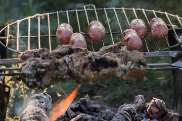 Sausages and meat on the grill and skewers at the stake